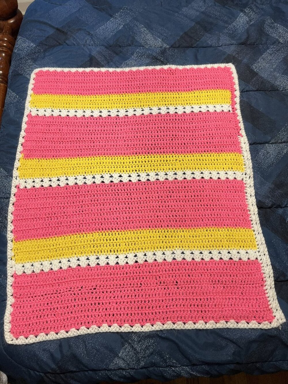 Rectangular Pink, Yellow & White Crochet Blanket
